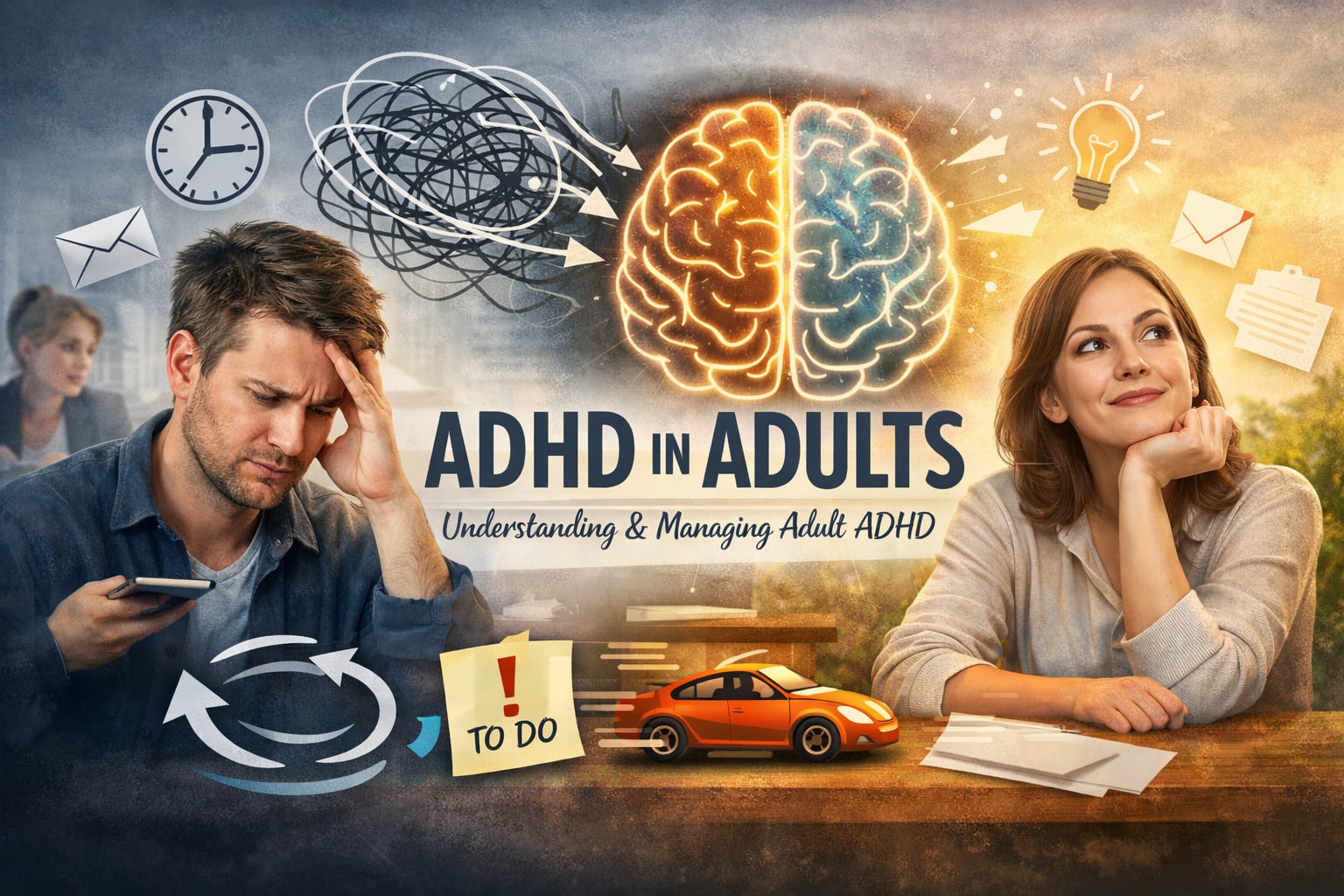 A frustrated man surrounded by cluttered symbols and to-do lists, and a smiling woman with idea symbols, sit near a colourful brain illustration under the title “ADHD in Adults: Understanding & Managing Adult ADHD and What Is OCD.”.