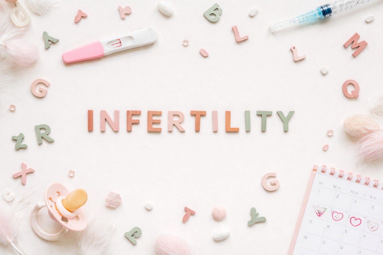 Flat lay of the word INFERTILITY surrounded by alphabet letters, a pregnancy test, syringe, dummy, pills, and a calendar with hearts—visually exploring how trauma lives in the body during the infertility journey.