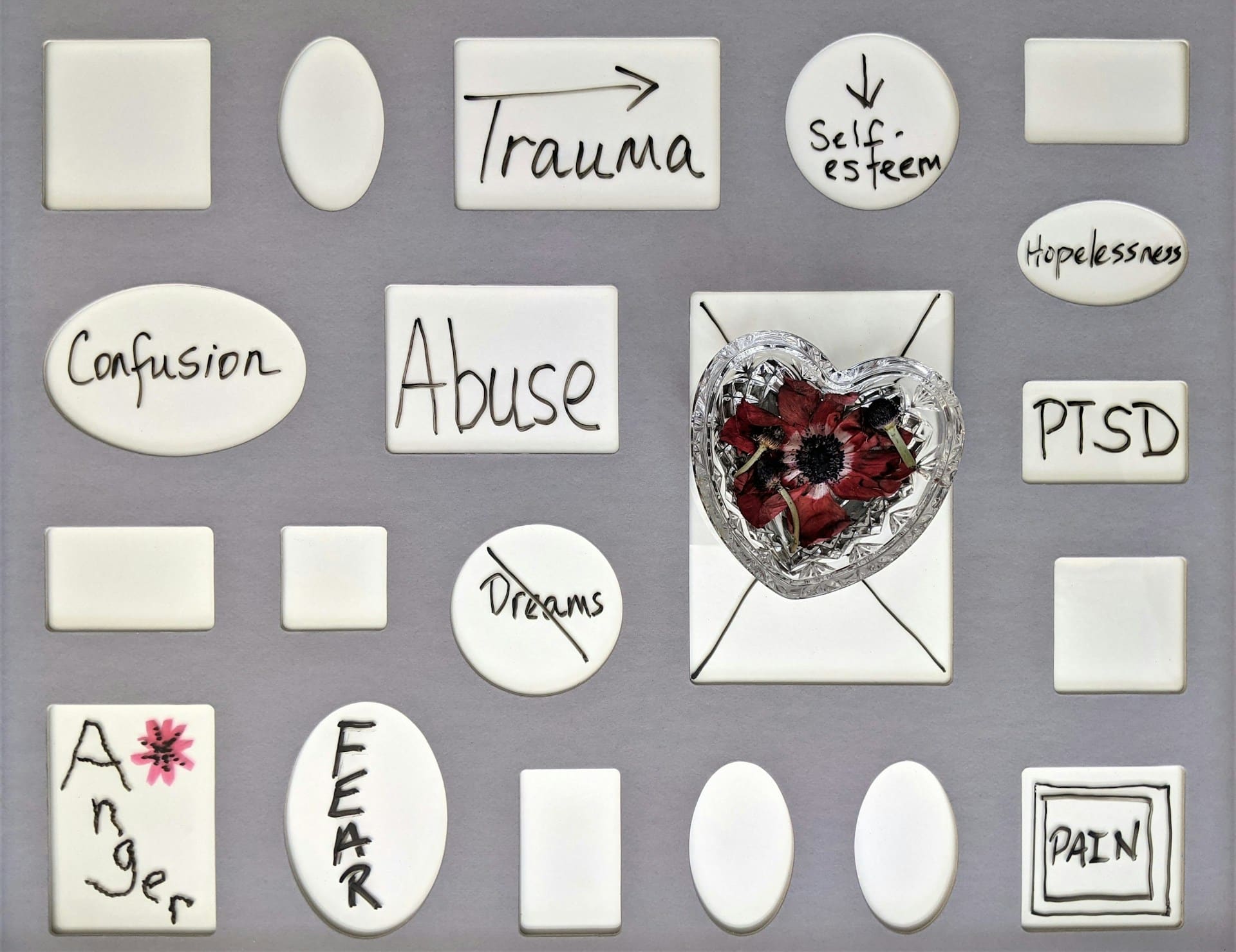 A collage of white tiles on a grey background, each labelled with words like Trauma, Abuse, Fear, PTSD, ADHD in Adults, Confusion, Hopelessness, and Self-esteem. A heart with a flower sits at the centre.