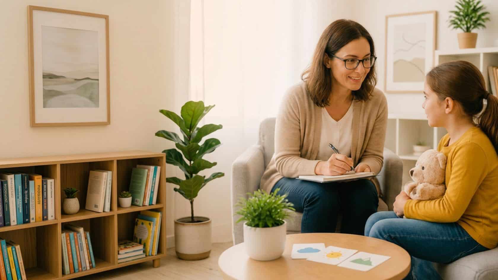 A woman smiles and talks with a young girl holding a teddy bear in a cosy room with bookshelves, plants, and children’s drawings on the table, gently introducing CBT for Childhood Anxiety into their warm and supportive conversation.