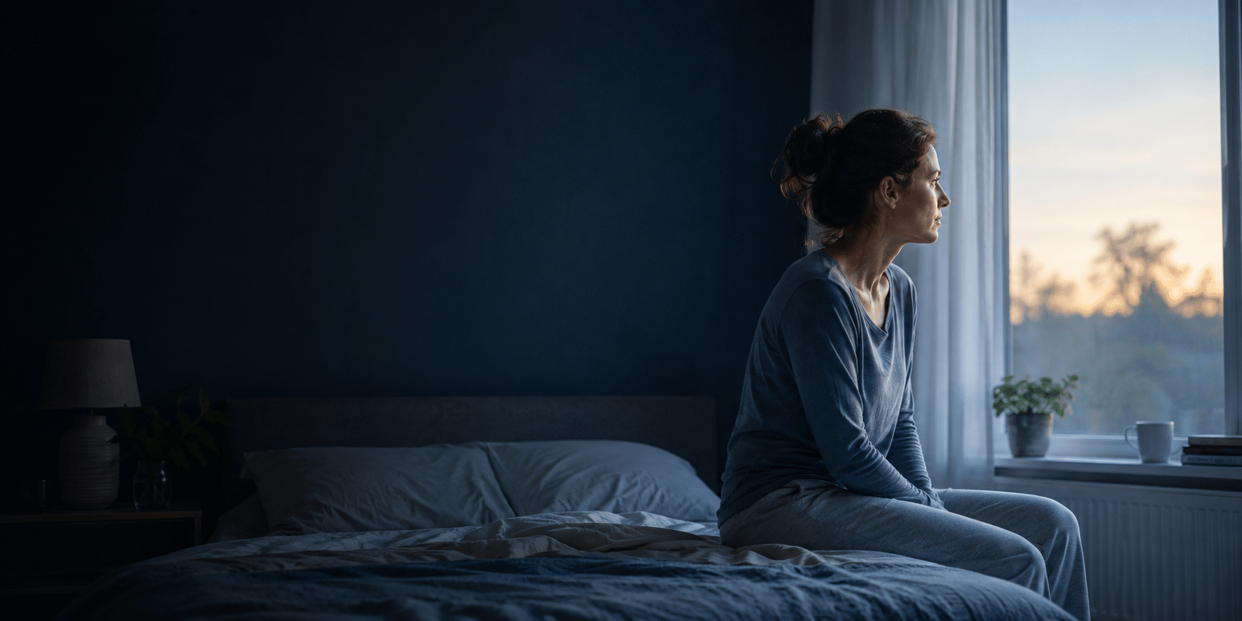 A woman in pyjamas sits on the edge of a bed, looking thoughtfully out of a window at sunset. The room is dimly lit, with a dark blue wall, bedside table, and a plant visible—reflecting the tranquil atmosphere often sought by those exploring treatment for insomnia in Surrey.